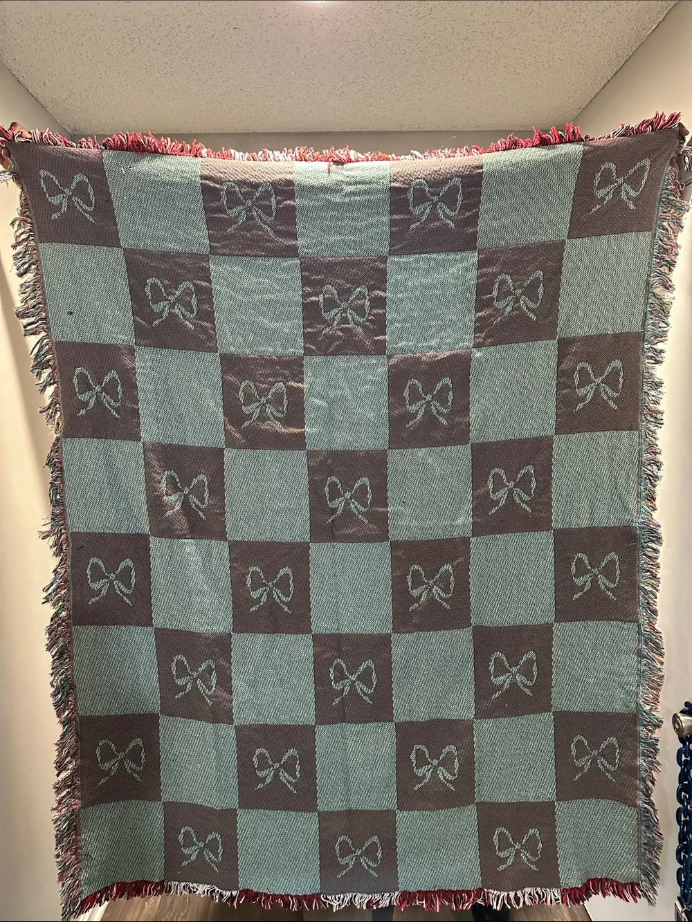 Festive Red and Cream Bow Throw Blanket Home Holiday